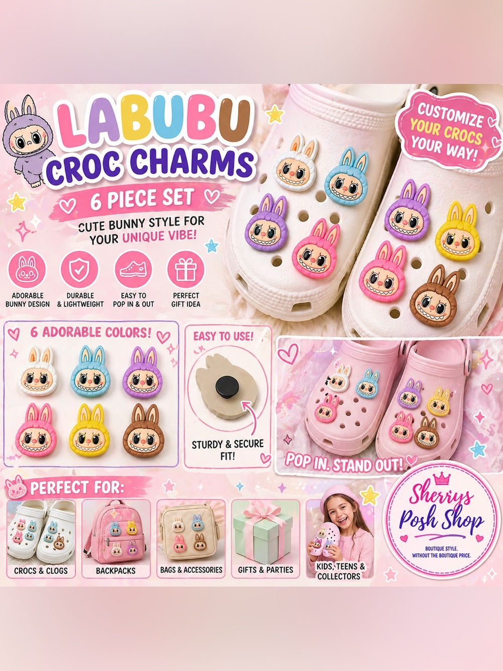Labubu Croc Charms 6pc Set Bunny Cartoon Shoe Accessories Cute Kawaii